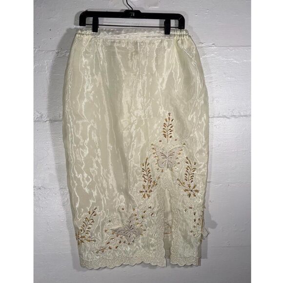 Vintage Ivory Beaded Organza Skirt Butterfly Embroidery Appliqué Midi M/L 90s - Picture 2 of 11